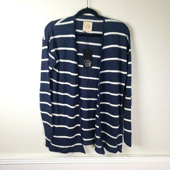 Chaser NWT Women's Blueish Grey White Striped Open Long Sleeve Cardigan Size Med - Picture 1 of 11